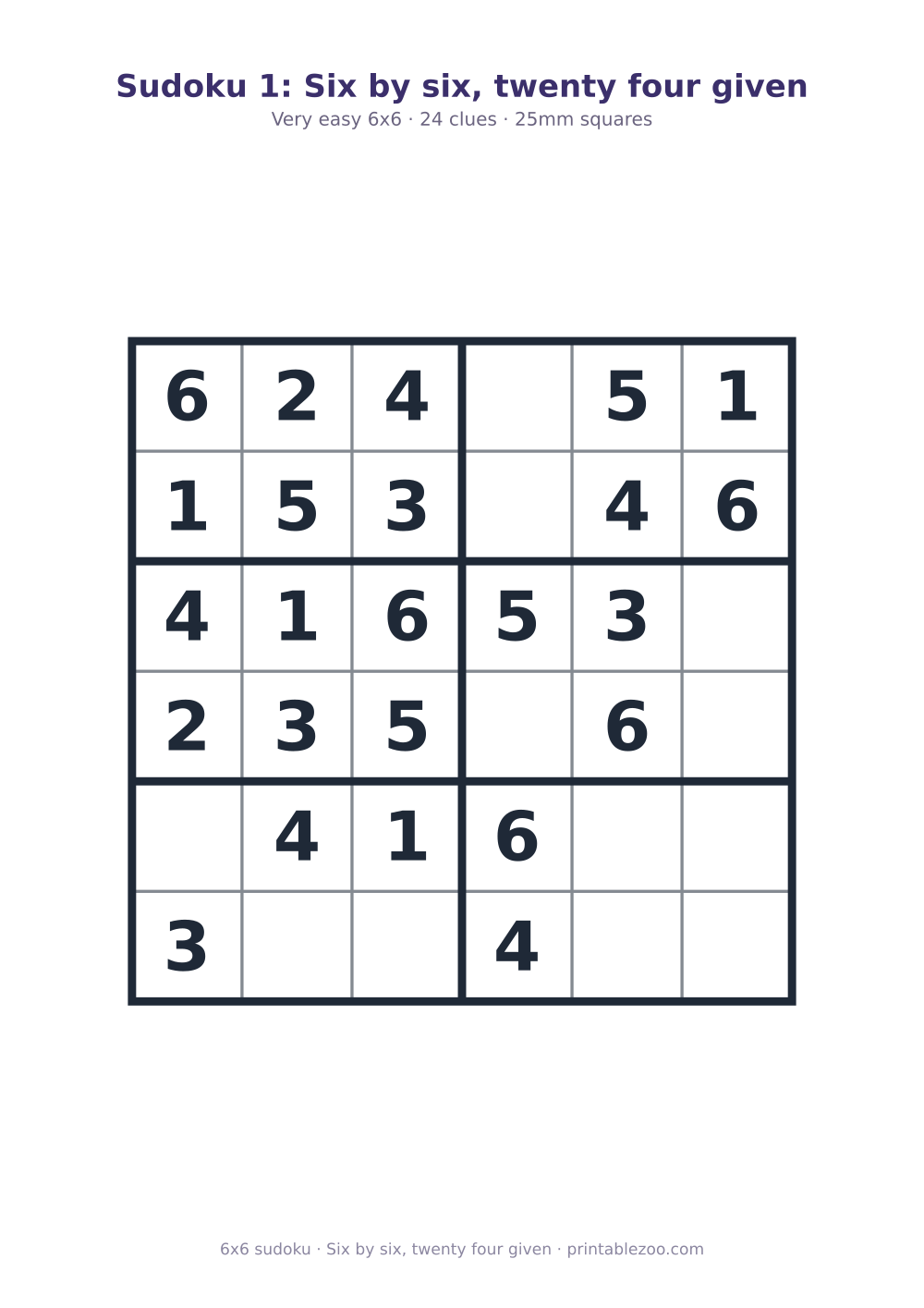 Printable easy 6x6 sudoku with 24 clues, six by six, twenty four given Puzzle #260101.