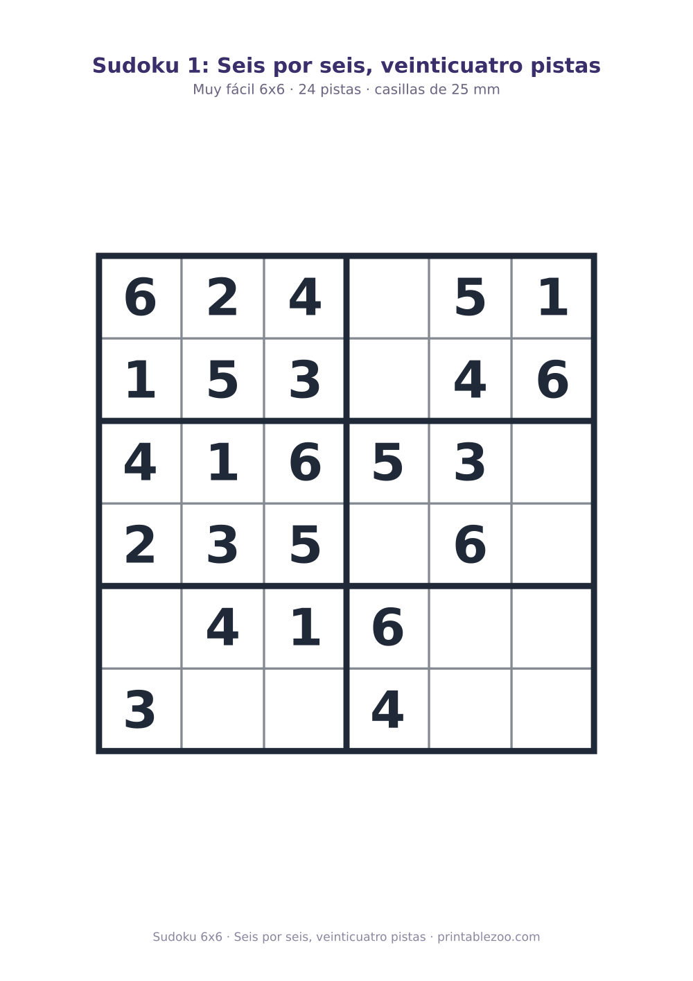 Sudoku fácil de 6x6 para imprimir con 24 pistas, seis por seis, veinticuatro pistas Pasatiempo n.º 260101.