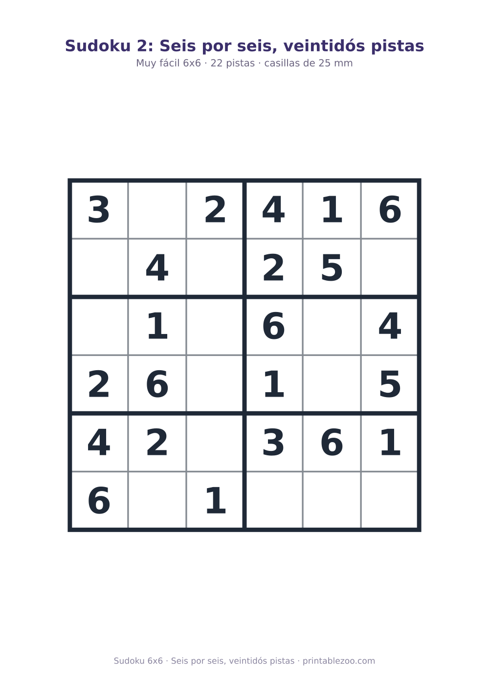 Sudoku fácil de 6x6 para imprimir con 22 pistas, seis por seis, veintidós pistas Pasatiempo n.º 260102.