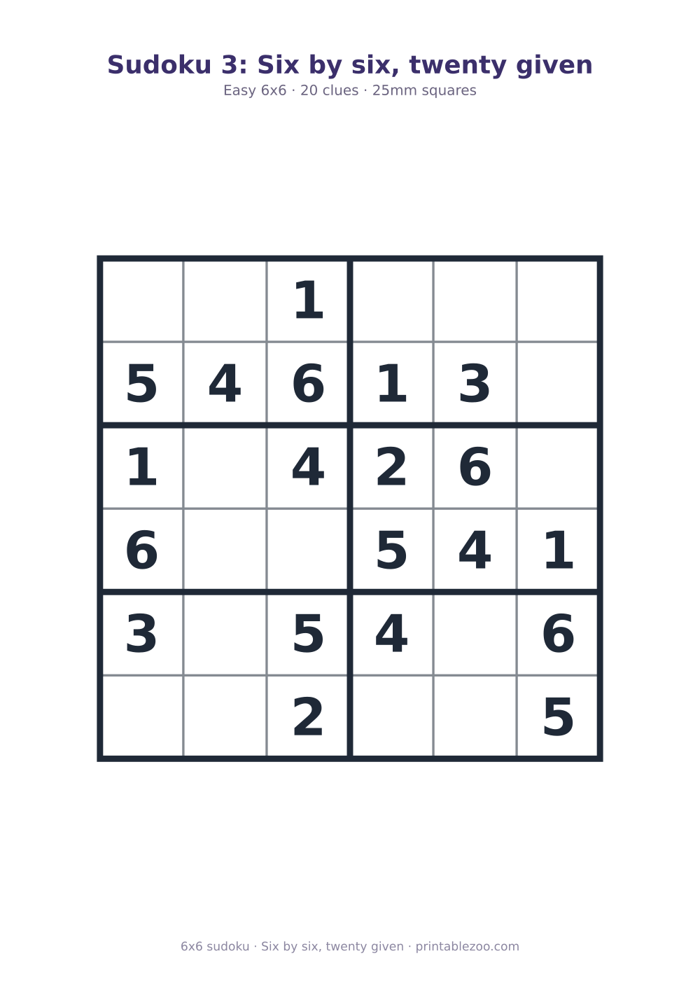 Printable easy 6x6 sudoku with 20 clues, six by six, twenty given Puzzle #260103.