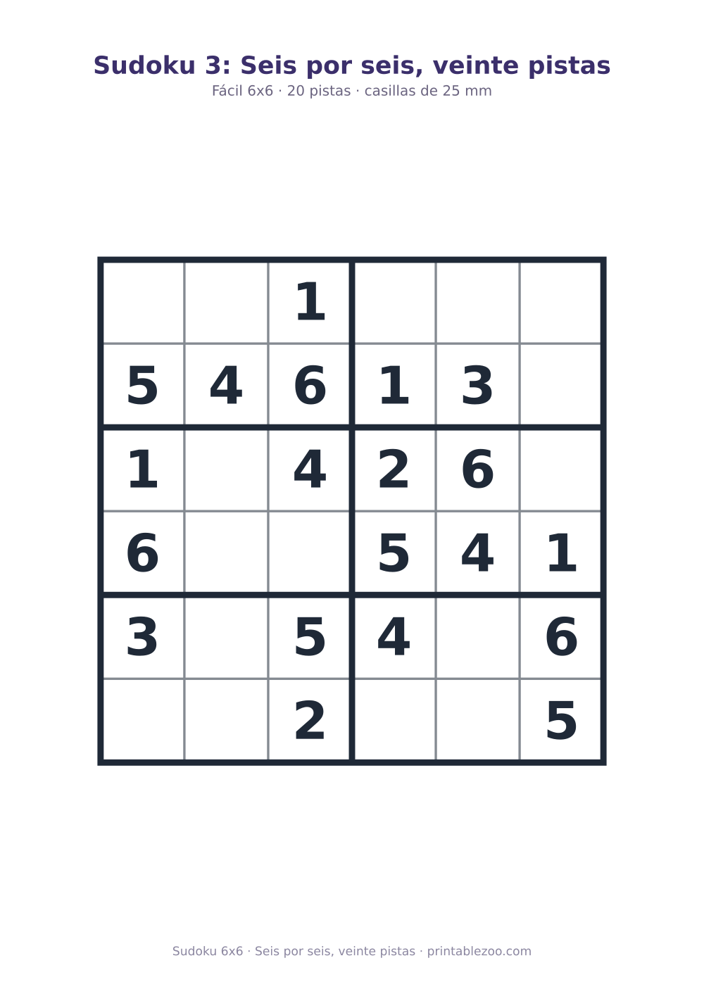Sudoku fácil de 6x6 para imprimir con 20 pistas, seis por seis, veinte pistas Pasatiempo n.º 260103.