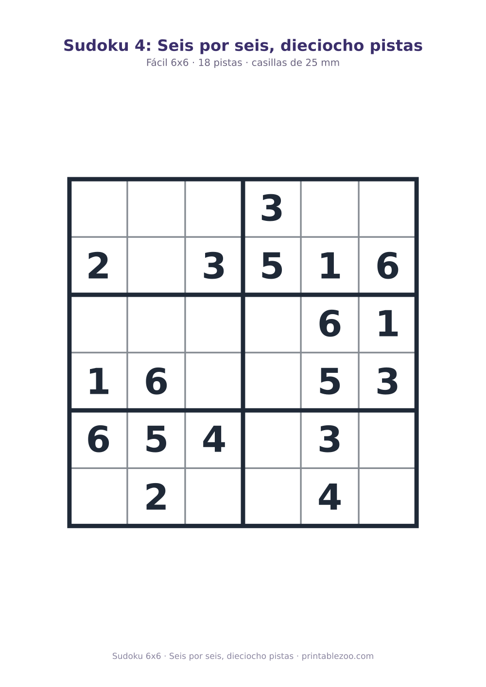 Sudoku fácil de 6x6 para imprimir con 18 pistas, seis por seis, dieciocho pistas Pasatiempo n.º 260104.