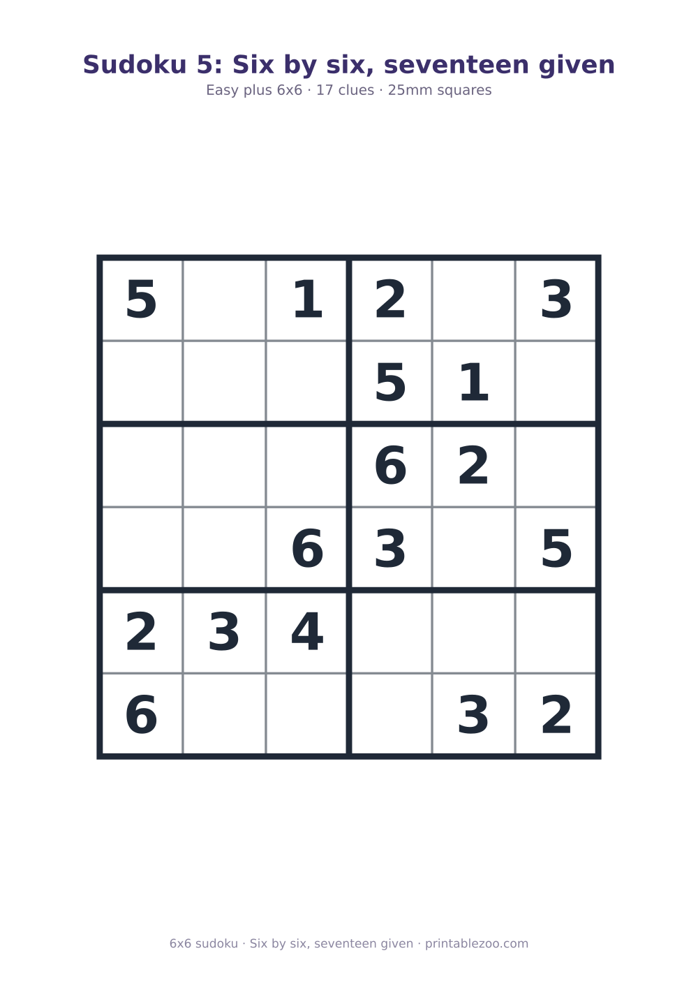 Printable easy 6x6 sudoku with 17 clues, six by six, seventeen given Puzzle #260105.
