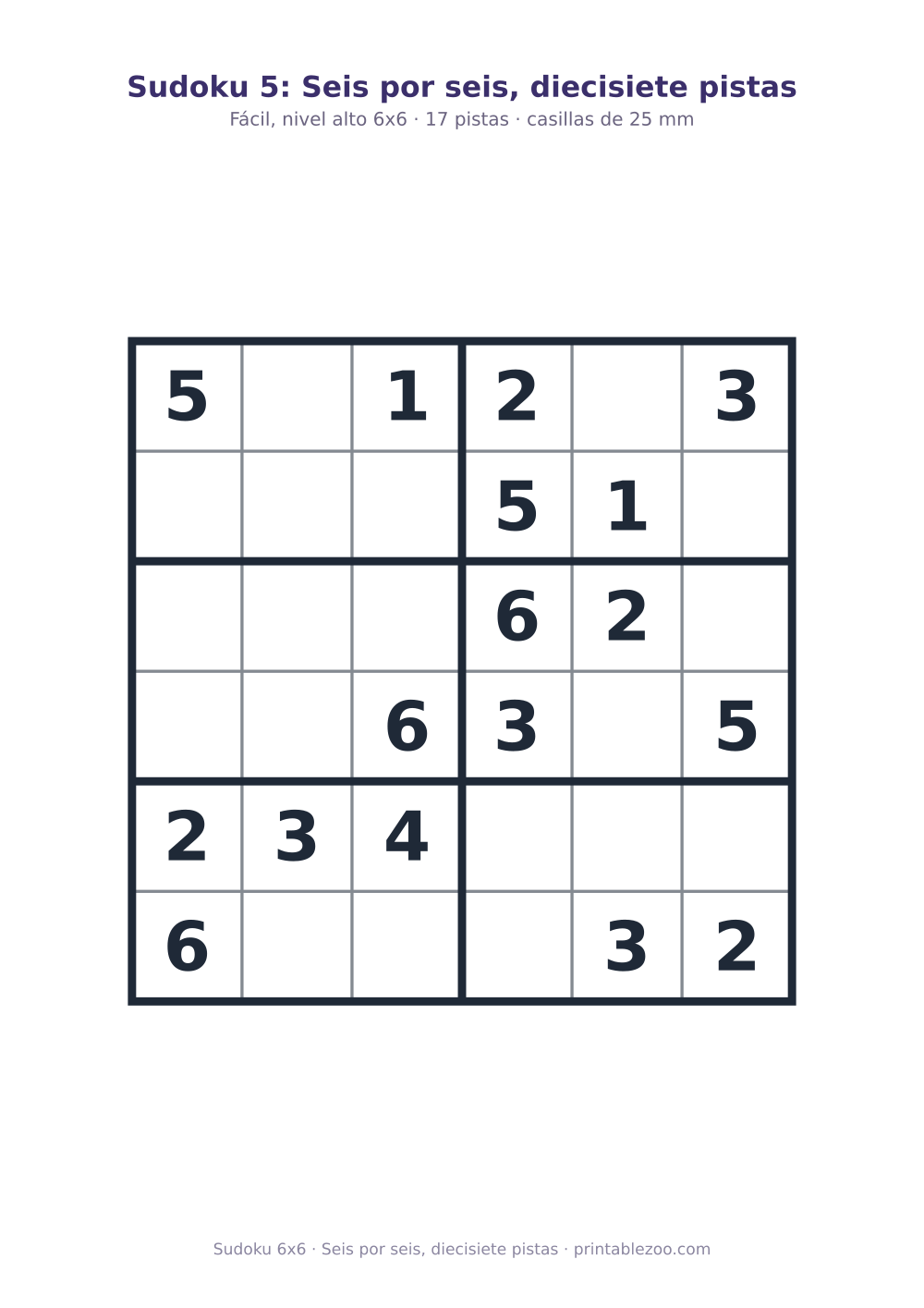 Sudoku fácil de 6x6 para imprimir con 17 pistas, seis por seis, diecisiete pistas Pasatiempo n.º 260105.
