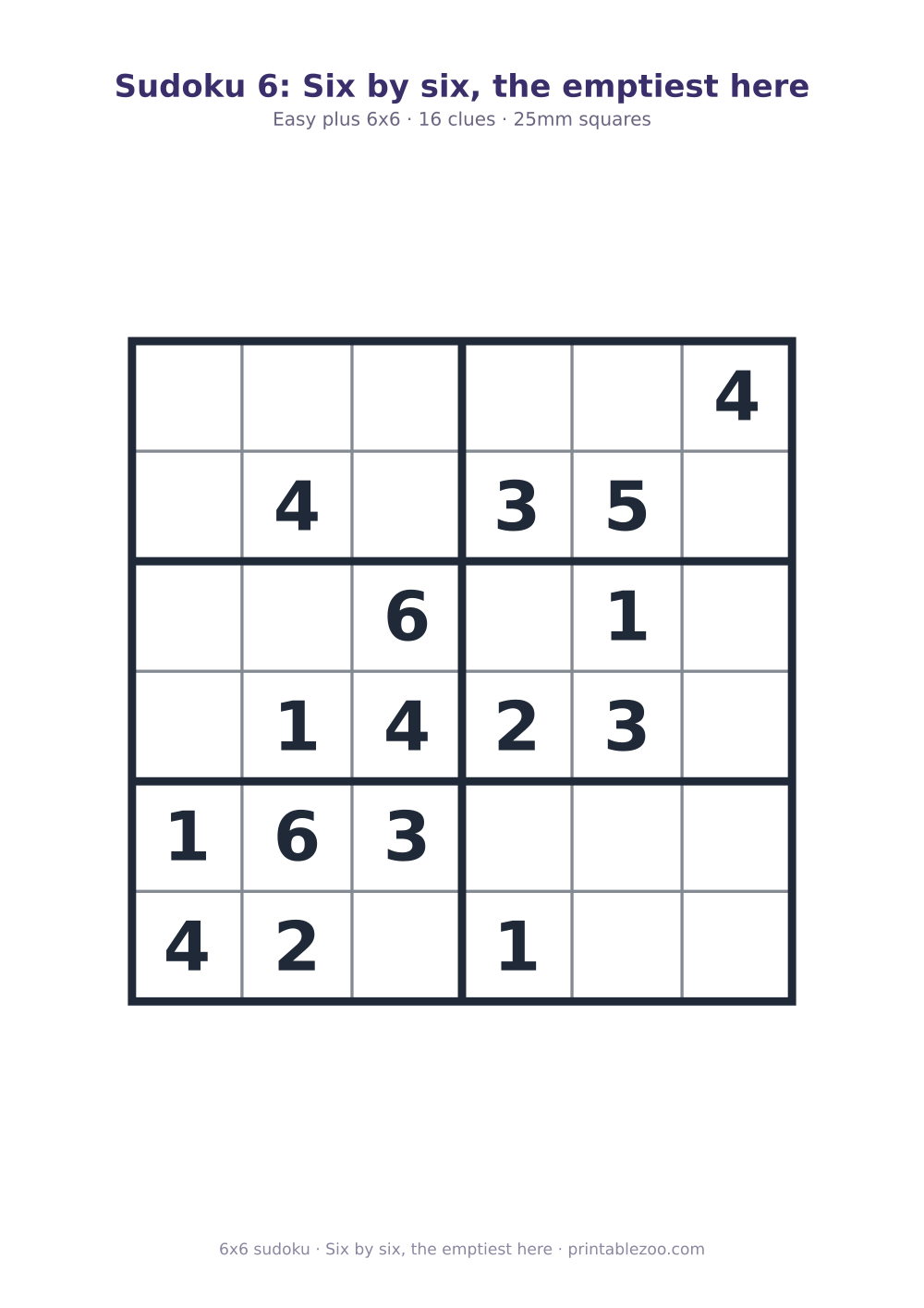 Printable easy 6x6 sudoku with 16 clues, six by six, the emptiest here Puzzle #260106.