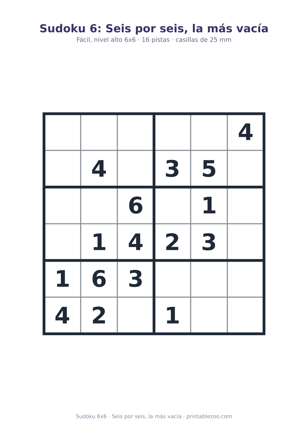 Sudoku fácil de 6x6 para imprimir con 16 pistas, seis por seis, la más vacía Pasatiempo n.º 260106.