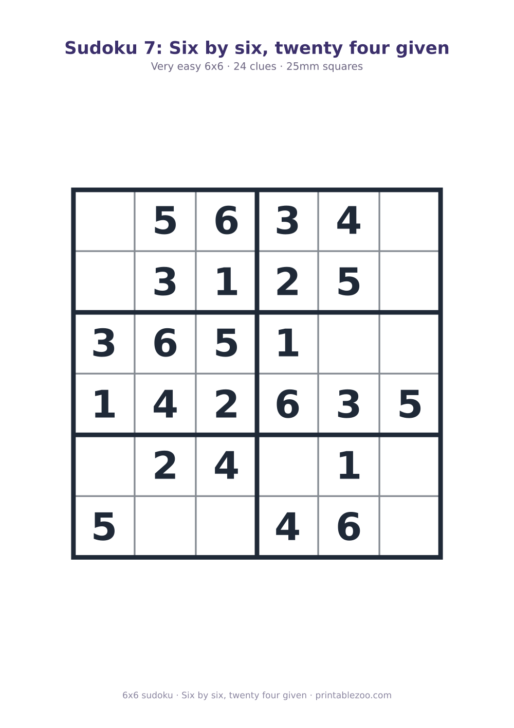 Printable easy 6x6 sudoku with 24 clues, six by six, twenty four given Puzzle #260201.
