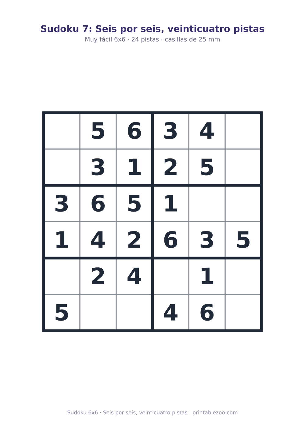 Sudoku fácil de 6x6 para imprimir con 24 pistas, seis por seis, veinticuatro pistas Pasatiempo n.º 260201.