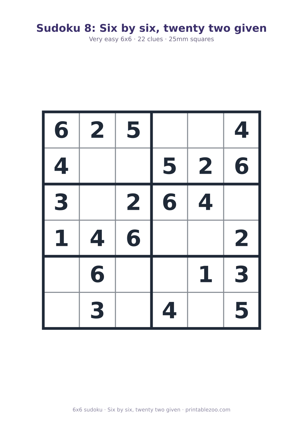 Printable easy 6x6 sudoku with 22 clues, six by six, twenty two given Puzzle #260202.