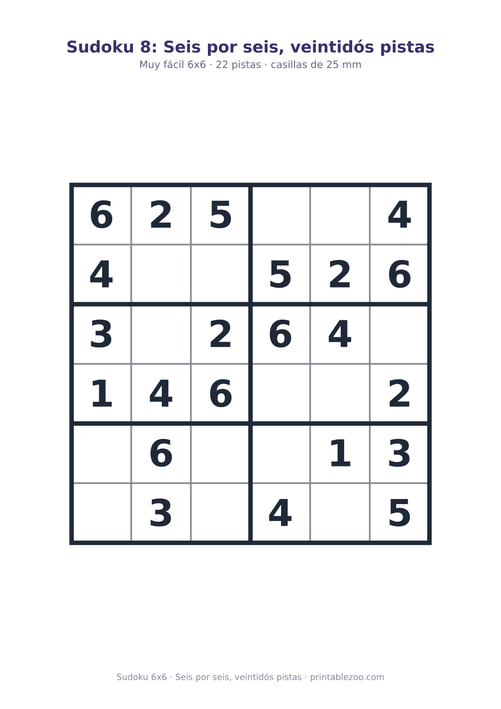 Sudoku fácil de 6x6 para imprimir con 22 pistas, seis por seis, veintidós pistas Pasatiempo n.º 260202.