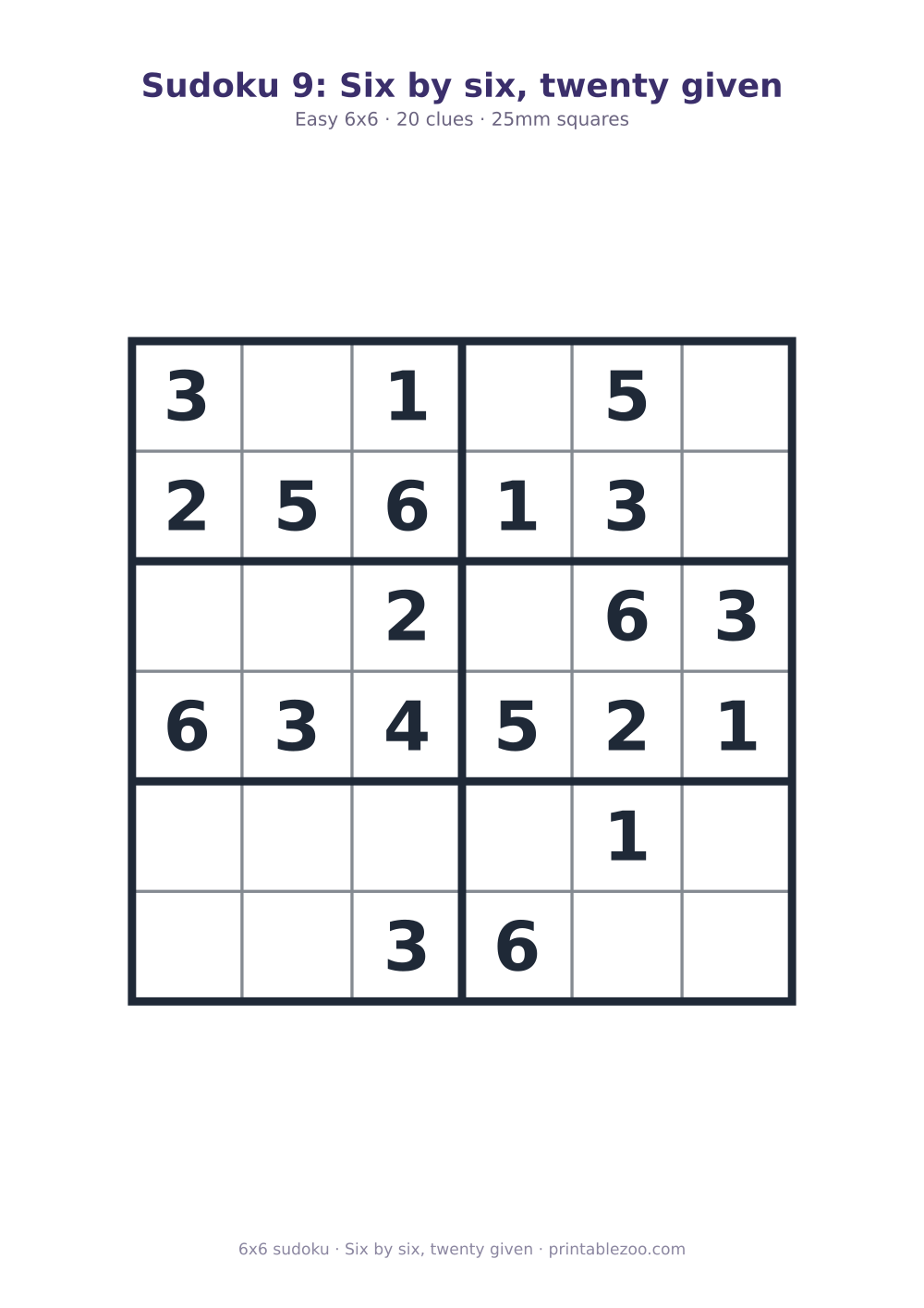 Printable easy 6x6 sudoku with 20 clues, six by six, twenty given Puzzle #260203.