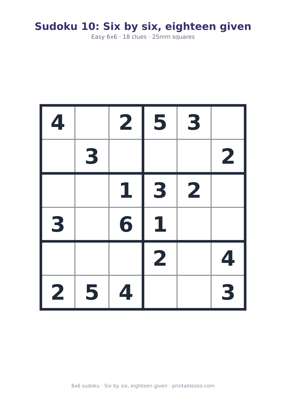 Printable easy 6x6 sudoku with 18 clues, six by six, eighteen given Puzzle #260204.