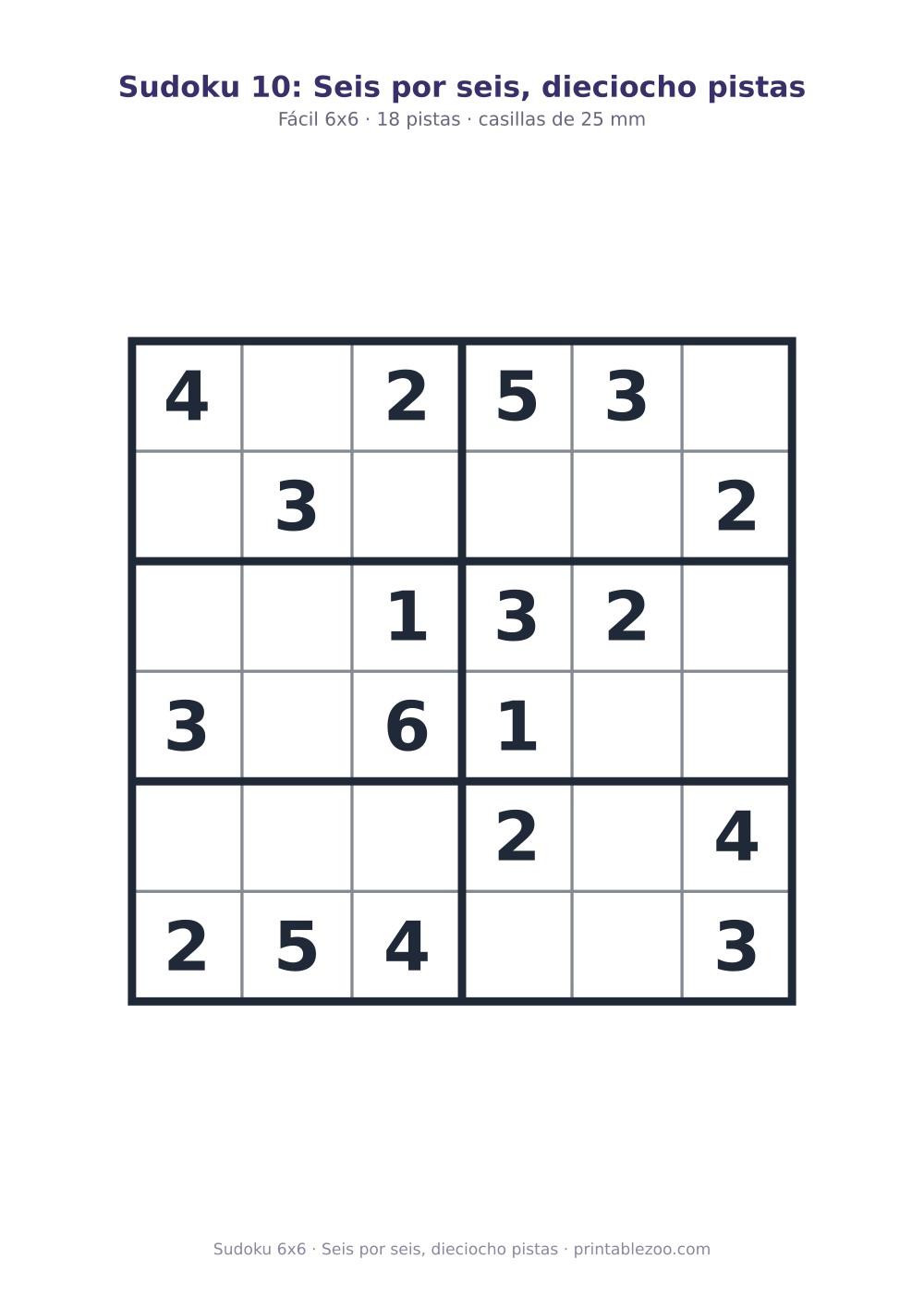 Sudoku fácil de 6x6 para imprimir con 18 pistas, seis por seis, dieciocho pistas Pasatiempo n.º 260204.