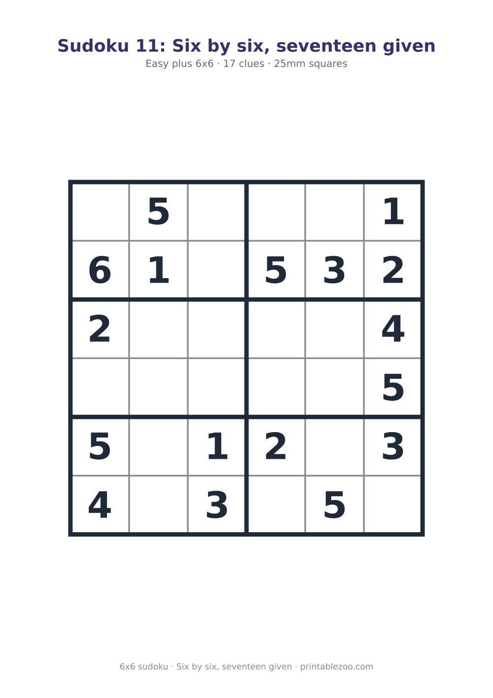 Printable easy 6x6 sudoku with 17 clues, six by six, seventeen given Puzzle #260205.