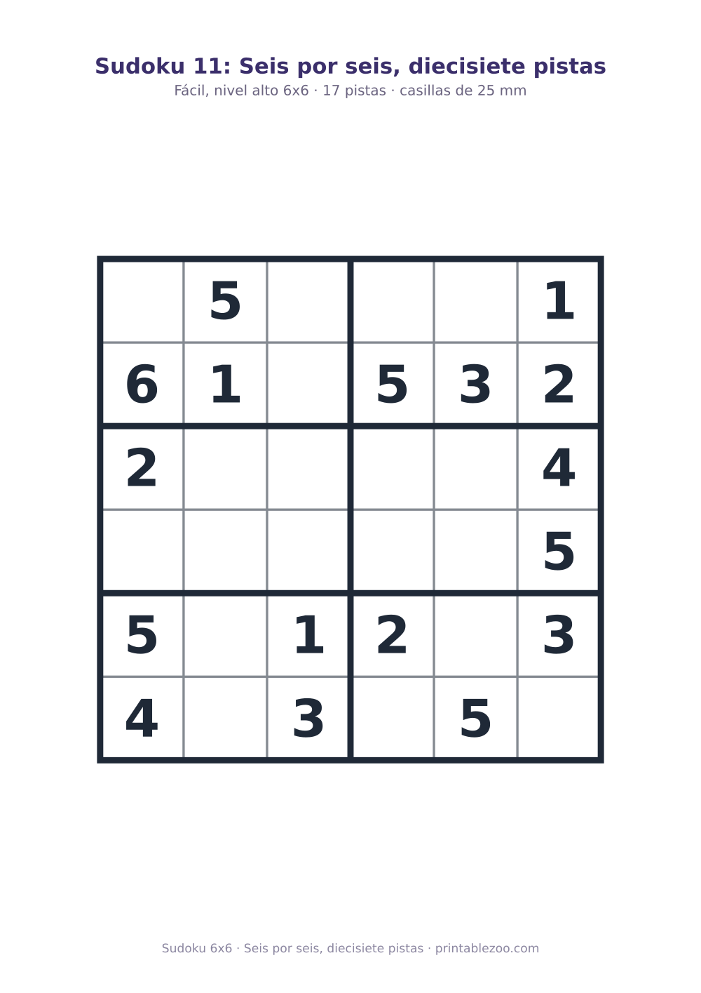 Sudoku fácil de 6x6 para imprimir con 17 pistas, seis por seis, diecisiete pistas Pasatiempo n.º 260205.