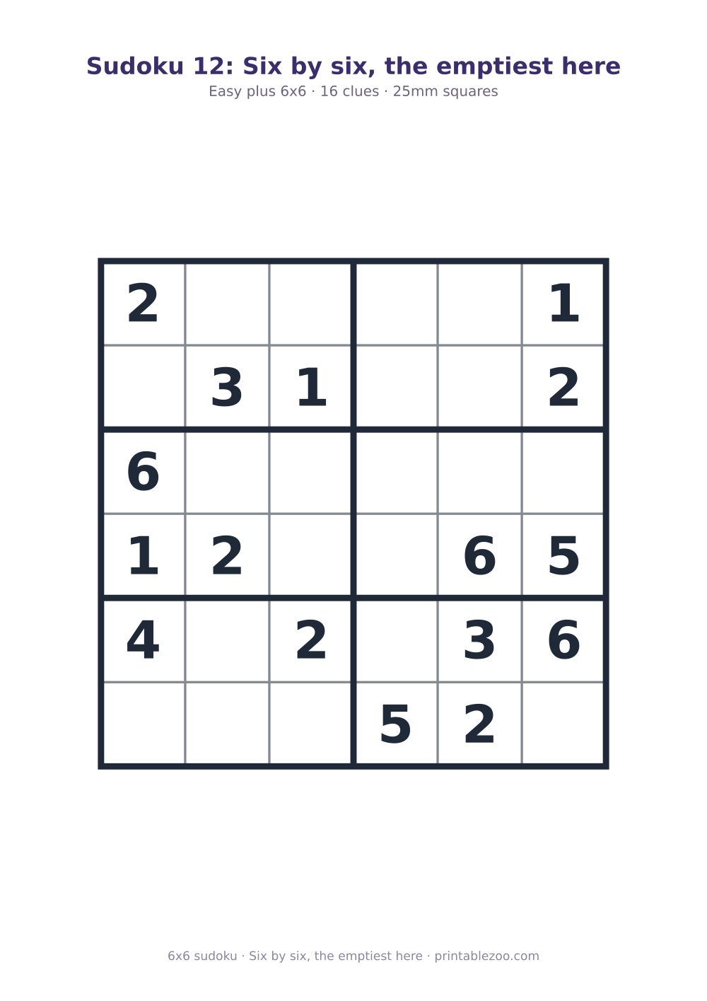 Printable easy 6x6 sudoku with 16 clues, six by six, the emptiest here Puzzle #260206.