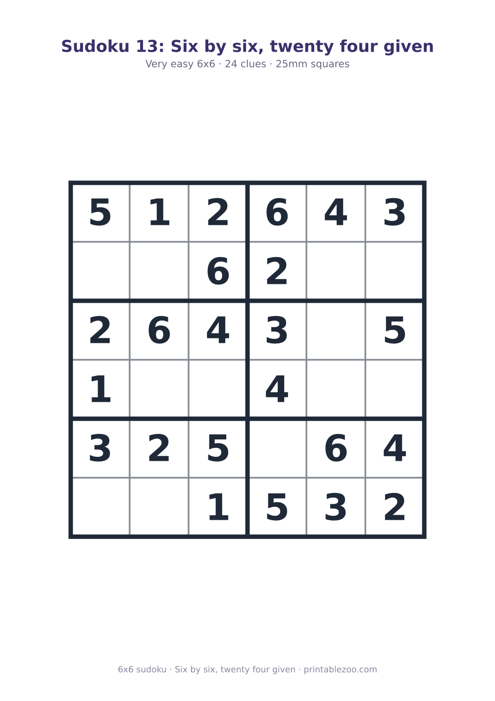 Printable easy 6x6 sudoku with 24 clues, six by six, twenty four given Puzzle #260301.