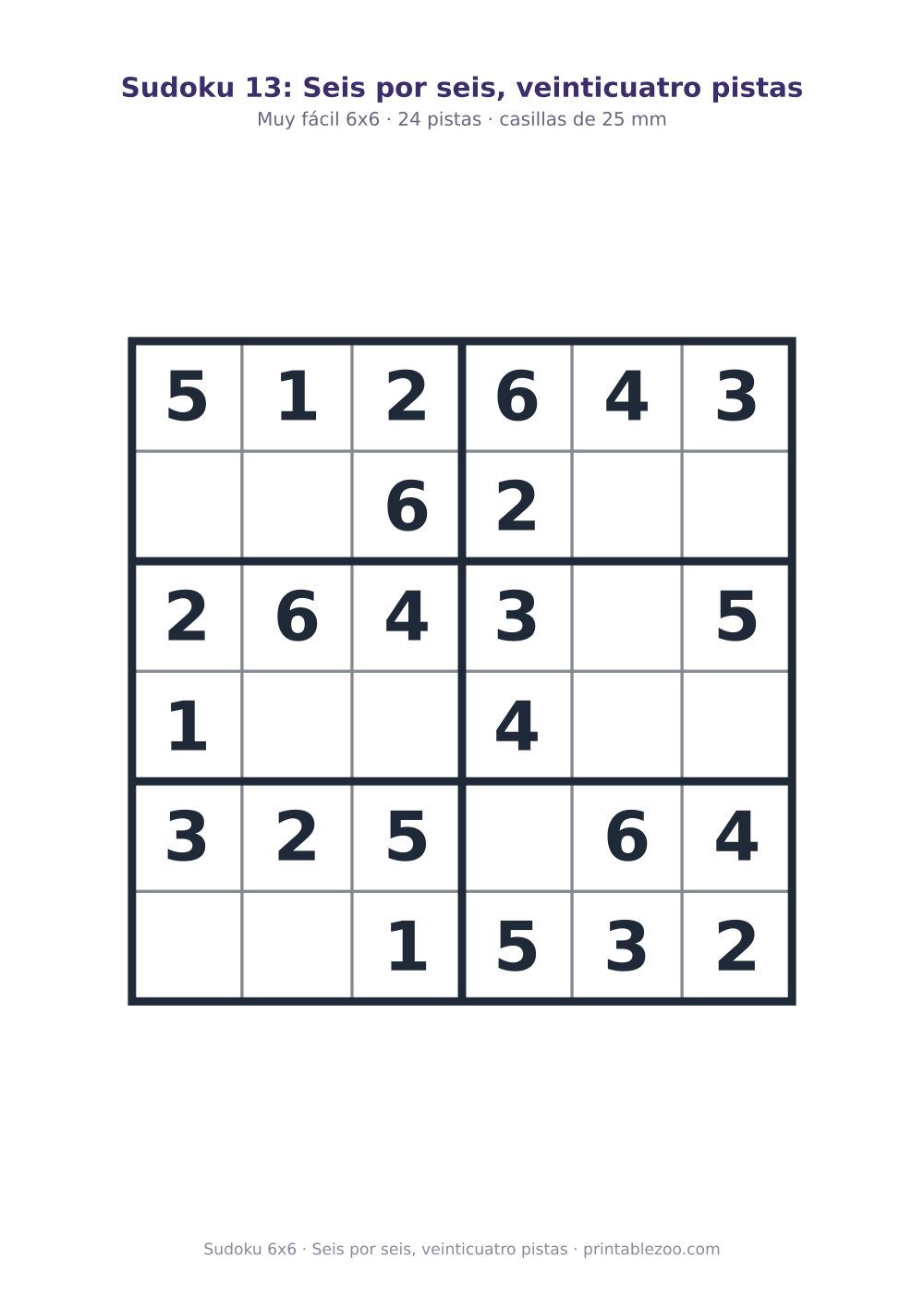 Sudoku fácil de 6x6 para imprimir con 24 pistas, seis por seis, veinticuatro pistas Pasatiempo n.º 260301.