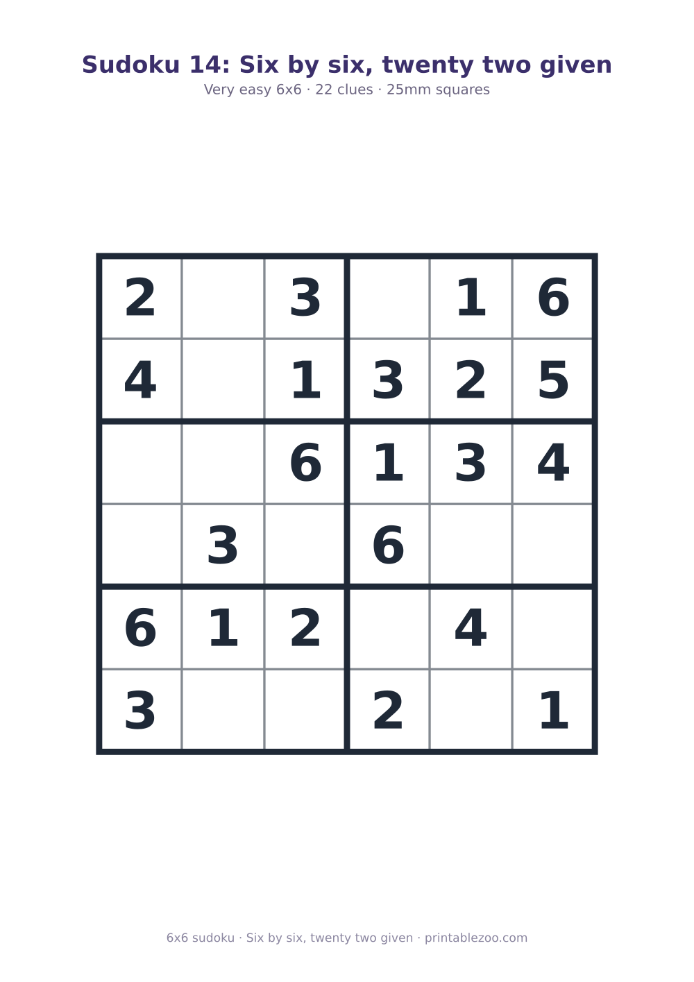 Printable easy 6x6 sudoku with 22 clues, six by six, twenty two given Puzzle #260302.