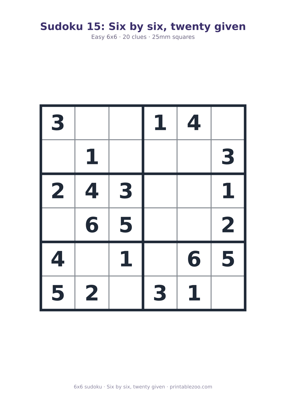Printable easy 6x6 sudoku with 20 clues, six by six, twenty given Puzzle #260303.