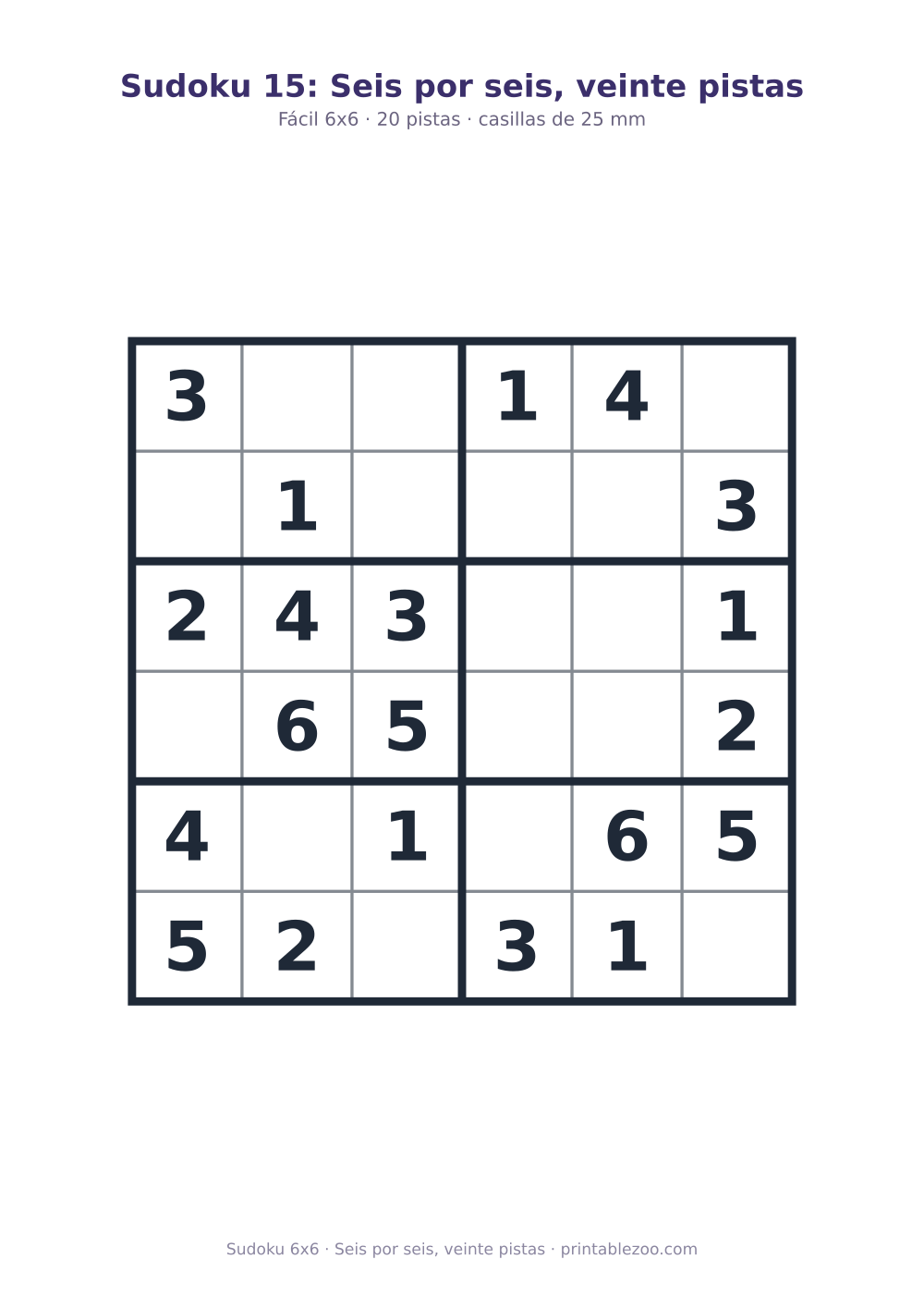 Sudoku fácil de 6x6 para imprimir con 20 pistas, seis por seis, veinte pistas Pasatiempo n.º 260303.