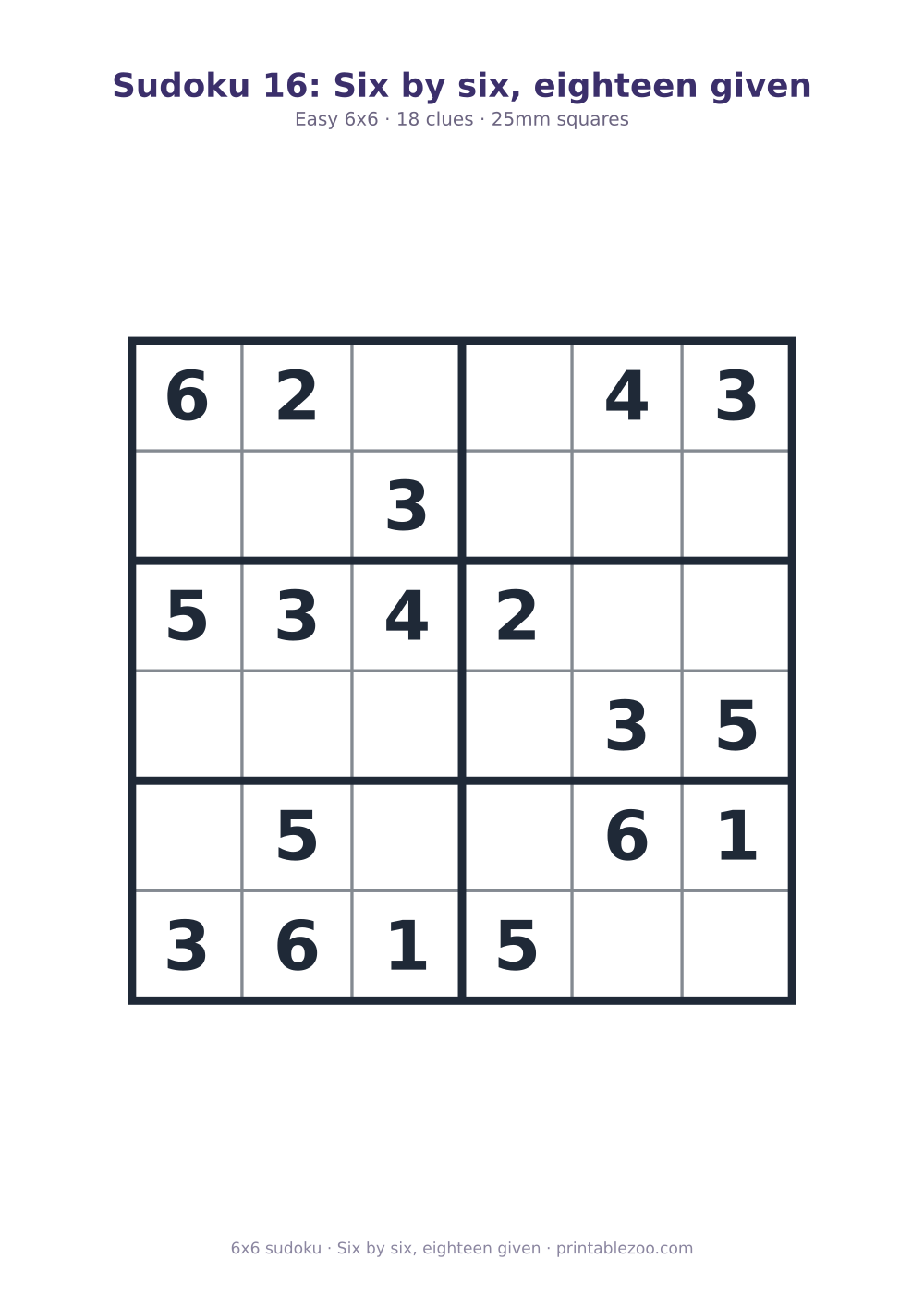 Printable easy 6x6 sudoku with 18 clues, six by six, eighteen given Puzzle #260304.