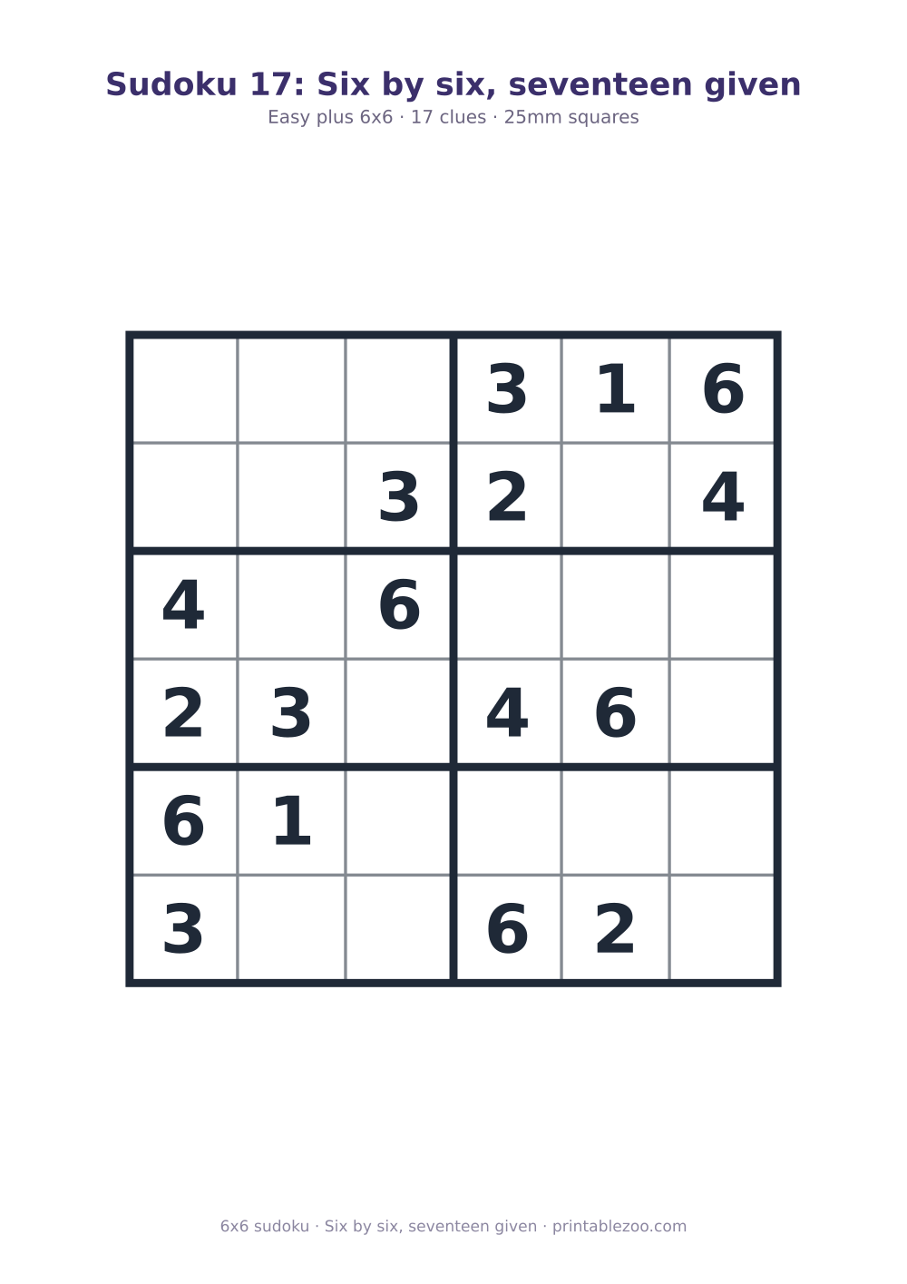 Printable easy 6x6 sudoku with 17 clues, six by six, seventeen given Puzzle #260305.