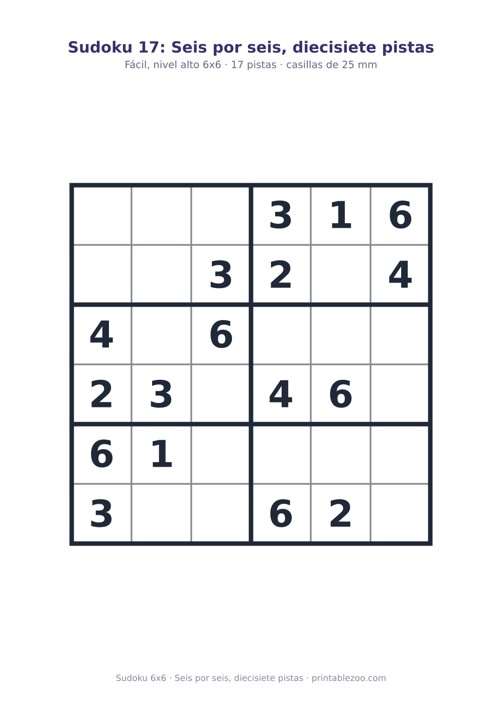 Sudoku fácil de 6x6 para imprimir con 17 pistas, seis por seis, diecisiete pistas Pasatiempo n.º 260305.