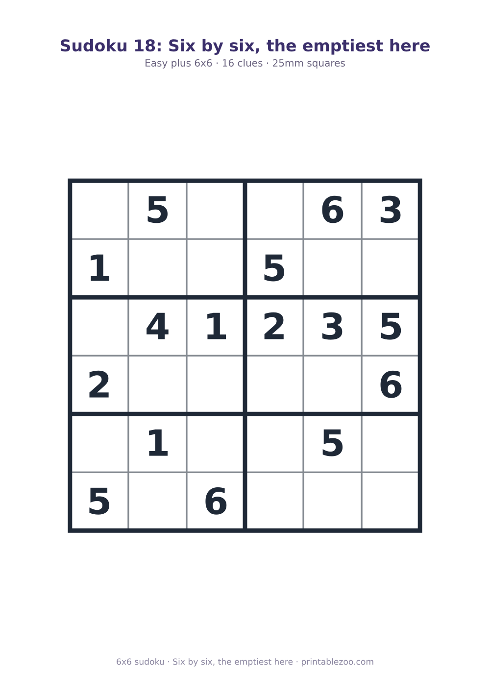 Printable easy 6x6 sudoku with 16 clues, six by six, the emptiest here Puzzle #260306.