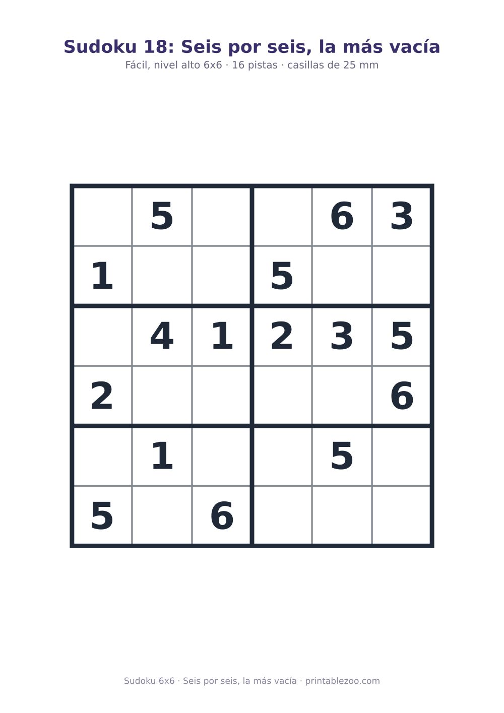 Sudoku fácil de 6x6 para imprimir con 16 pistas, seis por seis, la más vacía Pasatiempo n.º 260306.
