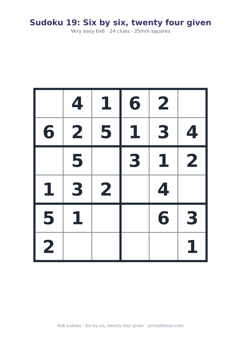 Printable easy 6x6 sudoku with 24 clues, six by six, twenty four given Puzzle #260401.