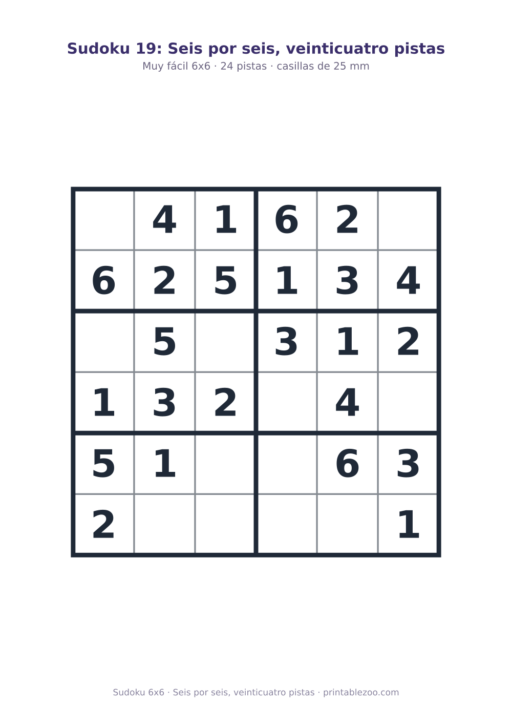 Sudoku fácil de 6x6 para imprimir con 24 pistas, seis por seis, veinticuatro pistas Pasatiempo n.º 260401.