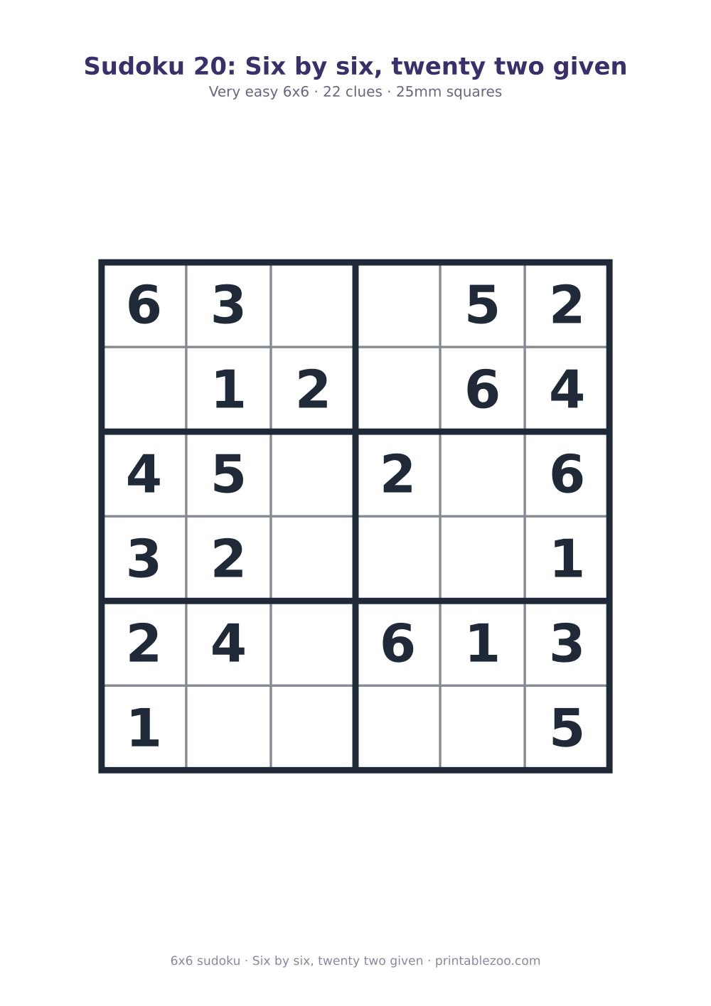 Printable easy 6x6 sudoku with 22 clues, six by six, twenty two given Puzzle #260402.