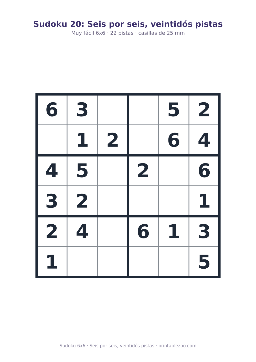 Sudoku fácil de 6x6 para imprimir con 22 pistas, seis por seis, veintidós pistas Pasatiempo n.º 260402.
