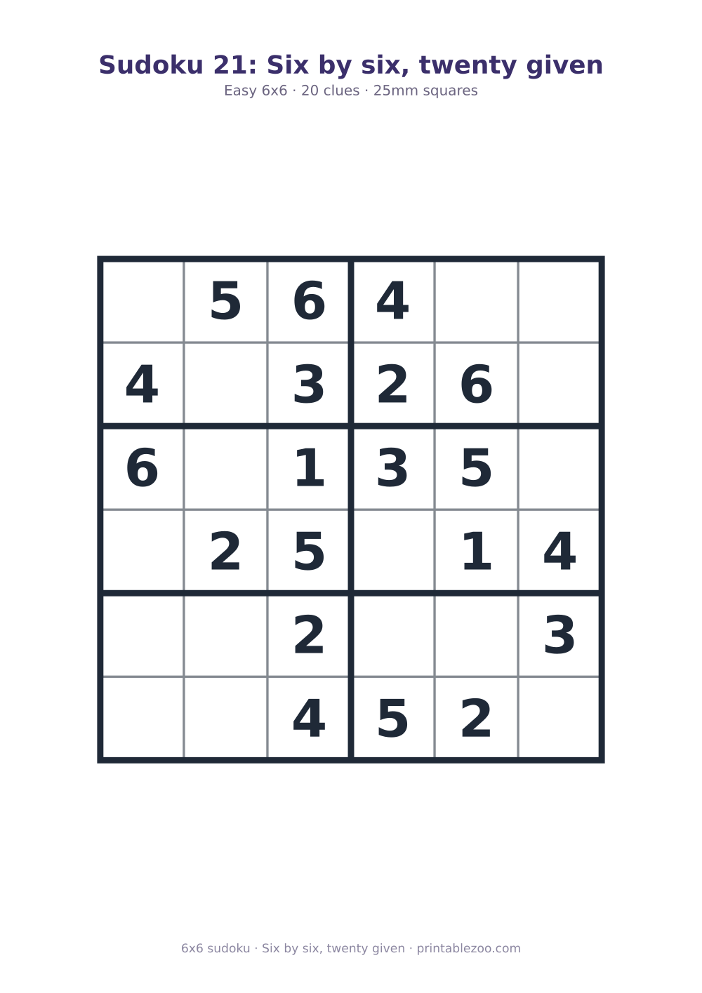 Printable easy 6x6 sudoku with 20 clues, six by six, twenty given Puzzle #260403.