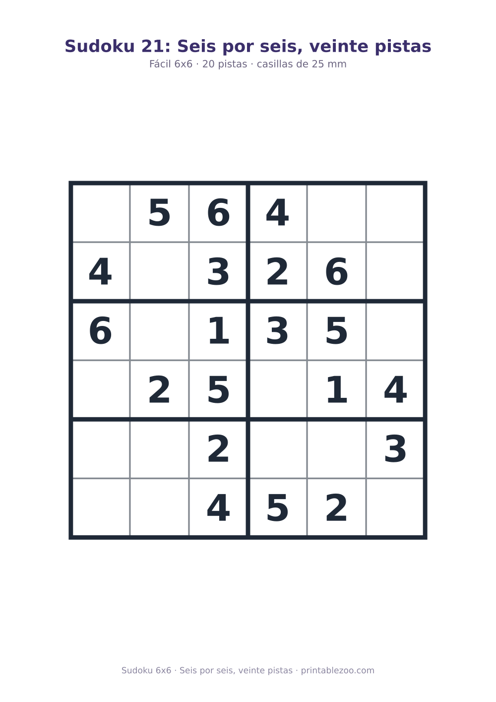 Sudoku fácil de 6x6 para imprimir con 20 pistas, seis por seis, veinte pistas Pasatiempo n.º 260403.