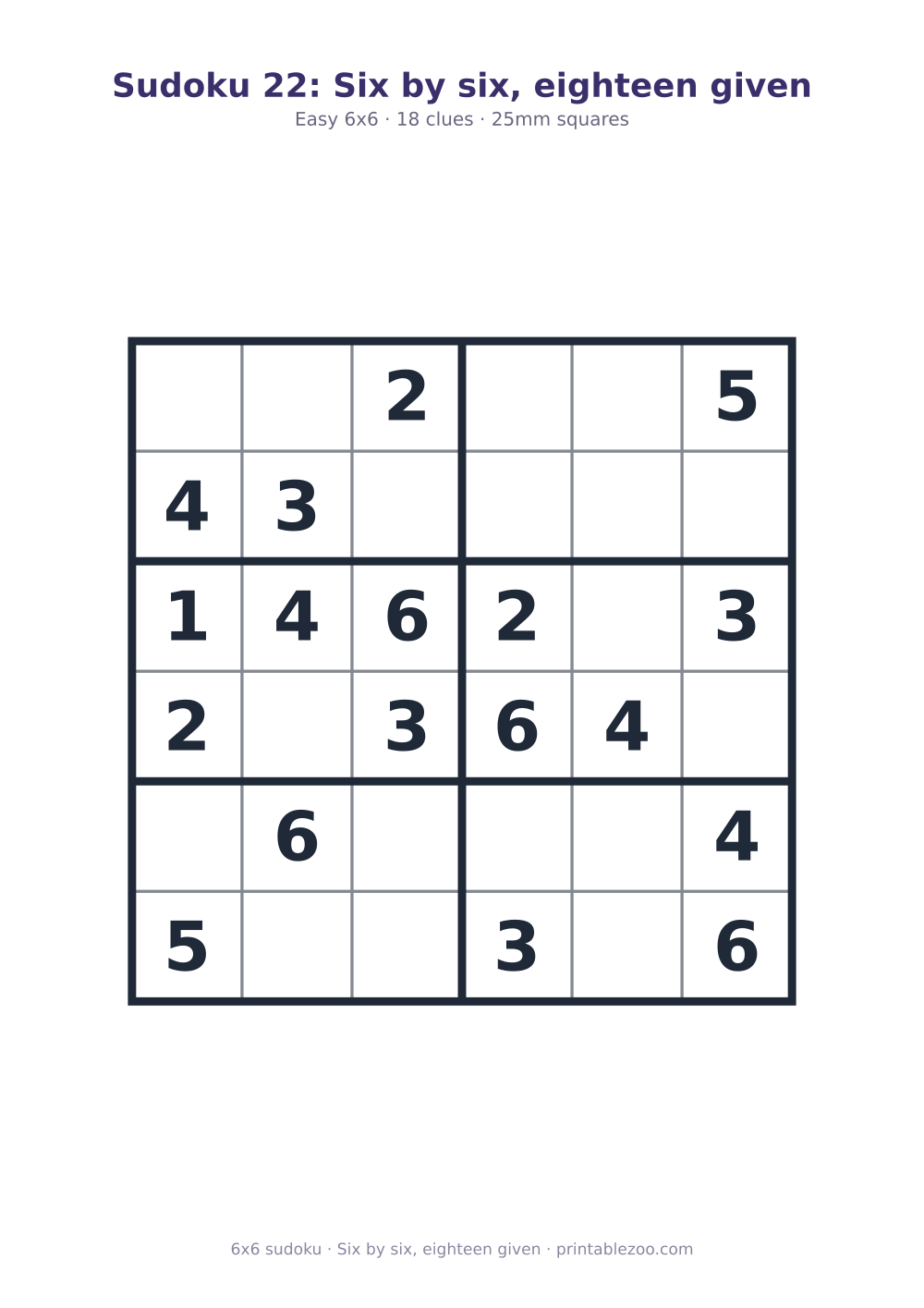 Printable easy 6x6 sudoku with 18 clues, six by six, eighteen given Puzzle #260404.