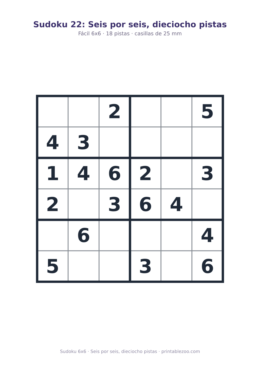Sudoku fácil de 6x6 para imprimir con 18 pistas, seis por seis, dieciocho pistas Pasatiempo n.º 260404.
