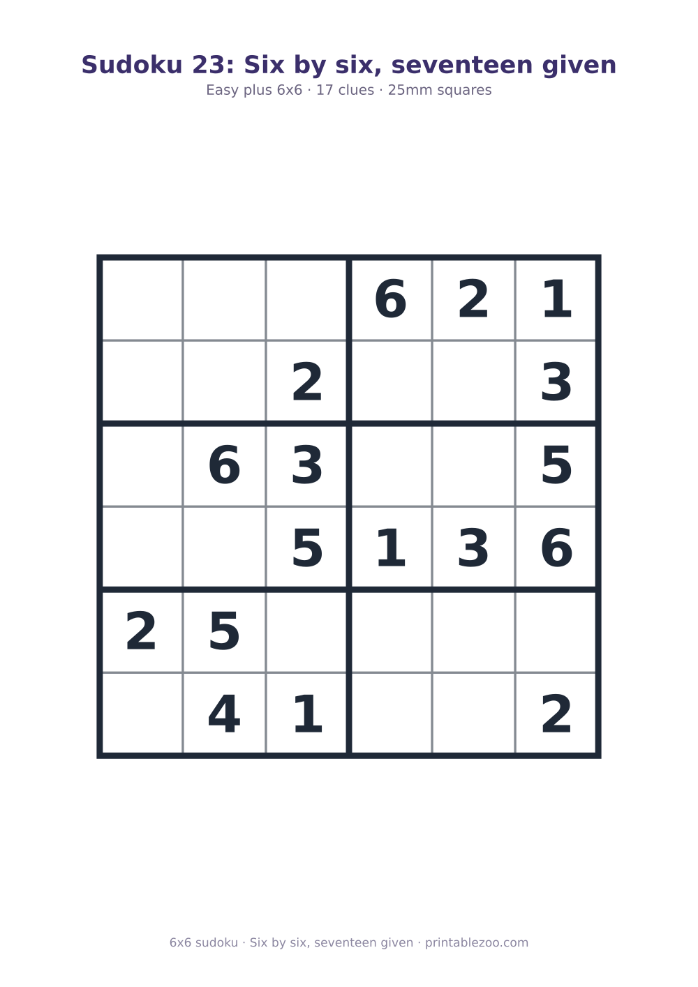 Printable easy 6x6 sudoku with 17 clues, six by six, seventeen given Puzzle #260405.