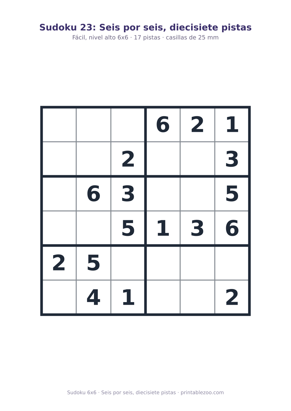 Sudoku fácil de 6x6 para imprimir con 17 pistas, seis por seis, diecisiete pistas Pasatiempo n.º 260405.