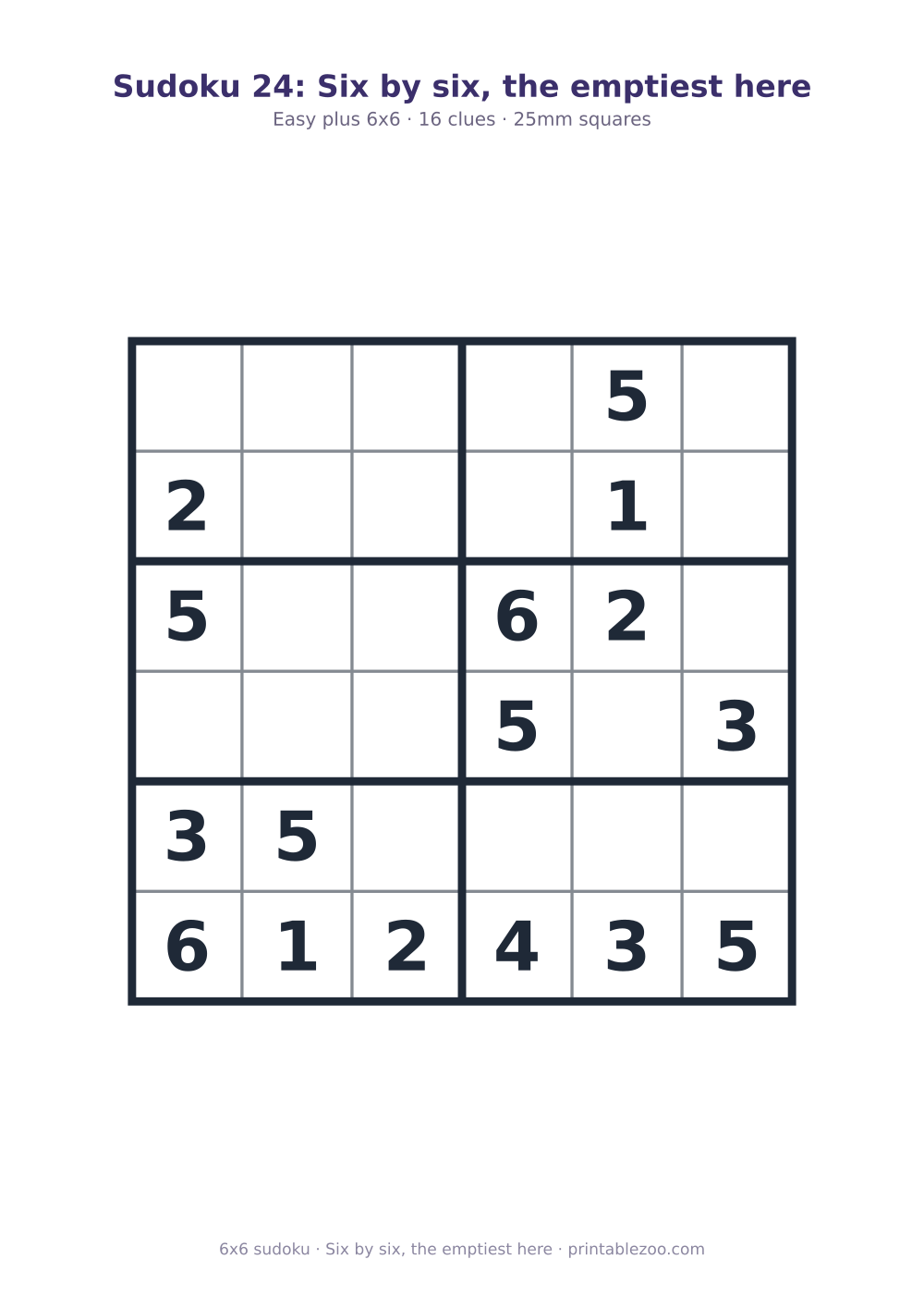 Printable easy 6x6 sudoku with 16 clues, six by six, the emptiest here Puzzle #260406.