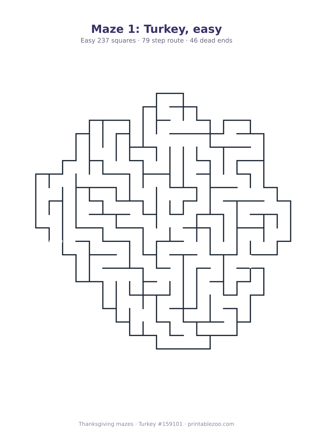 Printable turkey shaped maze, 237 squares and 46 dead ends, puzzle 159101