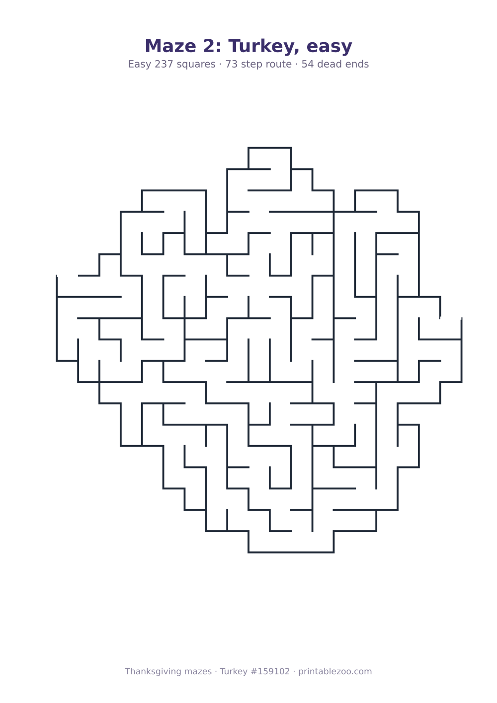Printable turkey shaped maze, 237 squares and 54 dead ends, puzzle 159102