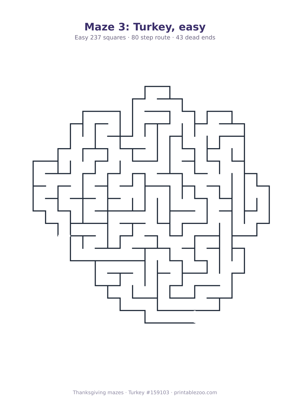 Printable turkey shaped maze, 237 squares and 43 dead ends, puzzle 159103