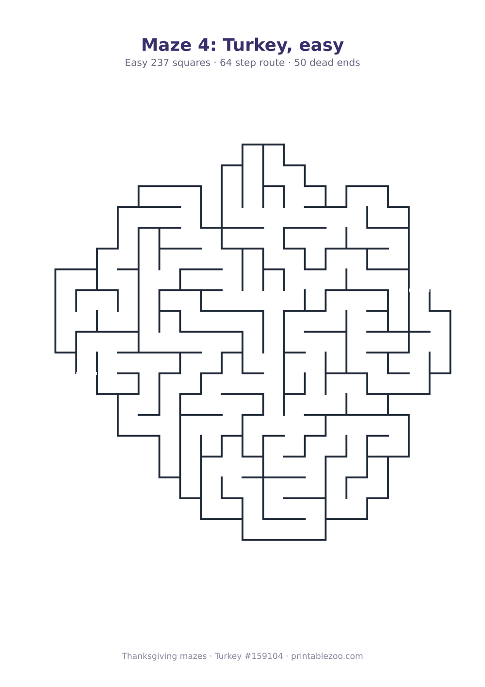 Printable turkey shaped maze, 237 squares and 50 dead ends, puzzle 159104
