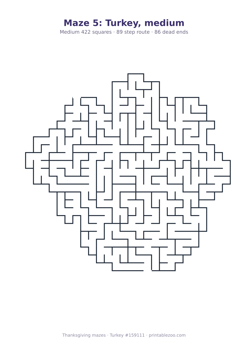 Printable turkey shaped maze, 422 squares and 86 dead ends, puzzle 159111