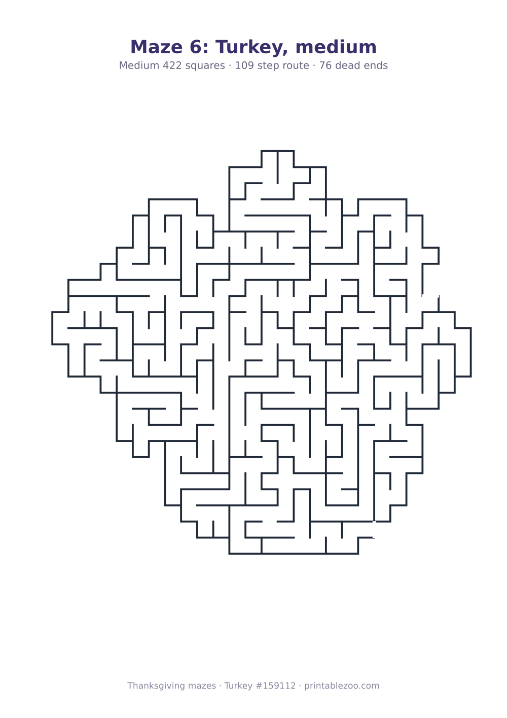 Printable turkey shaped maze, 422 squares and 76 dead ends, puzzle 159112