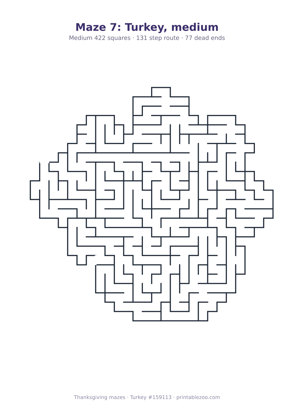Printable turkey shaped maze, 422 squares and 77 dead ends, puzzle 159113