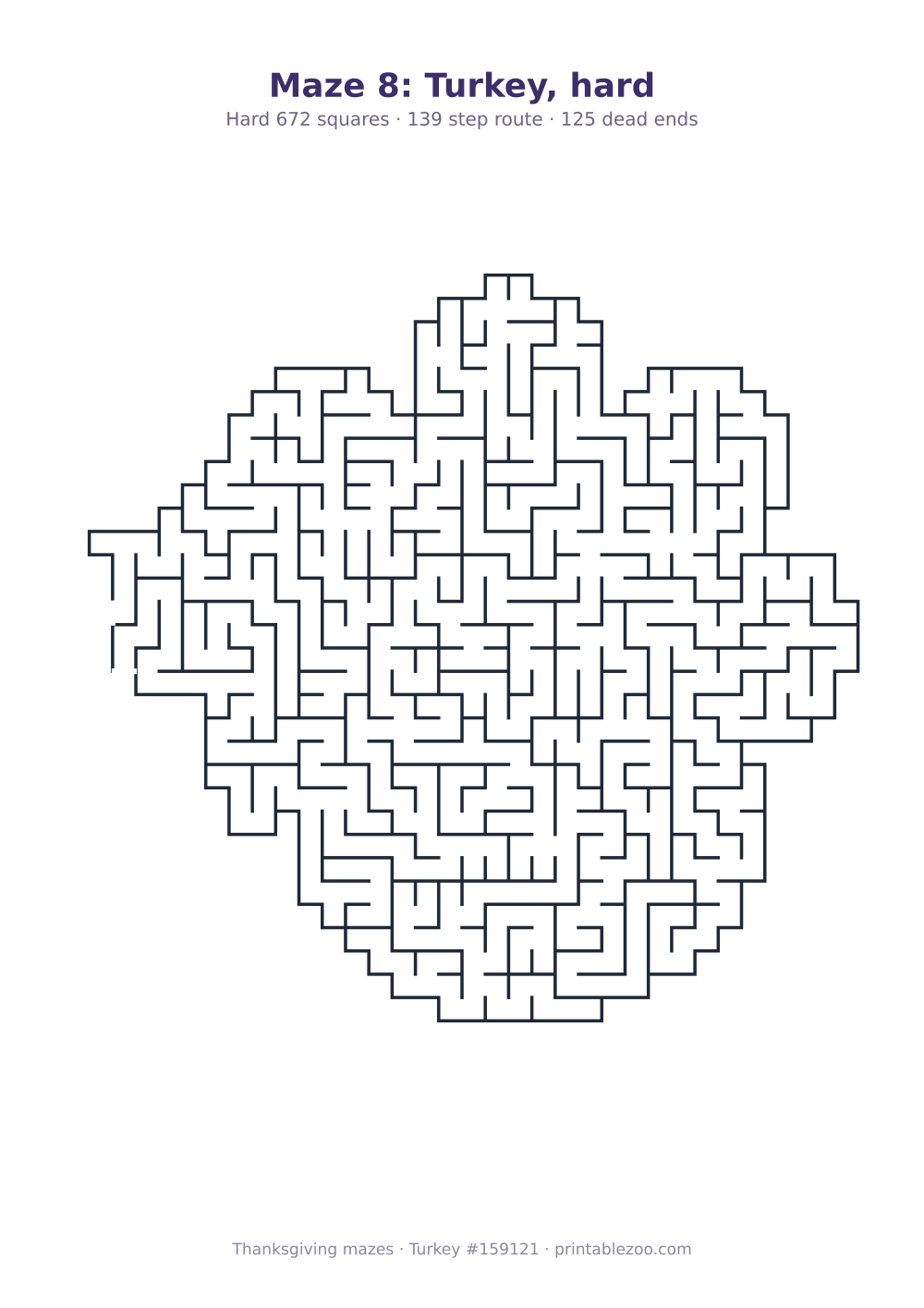 Printable turkey shaped maze, 672 squares and 125 dead ends, puzzle 159121