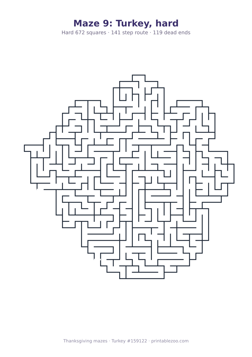 Printable turkey shaped maze, 672 squares and 119 dead ends, puzzle 159122